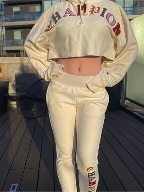Champion Cropped Hoodie & Joggers Set - Cream with Multi-Color Logo